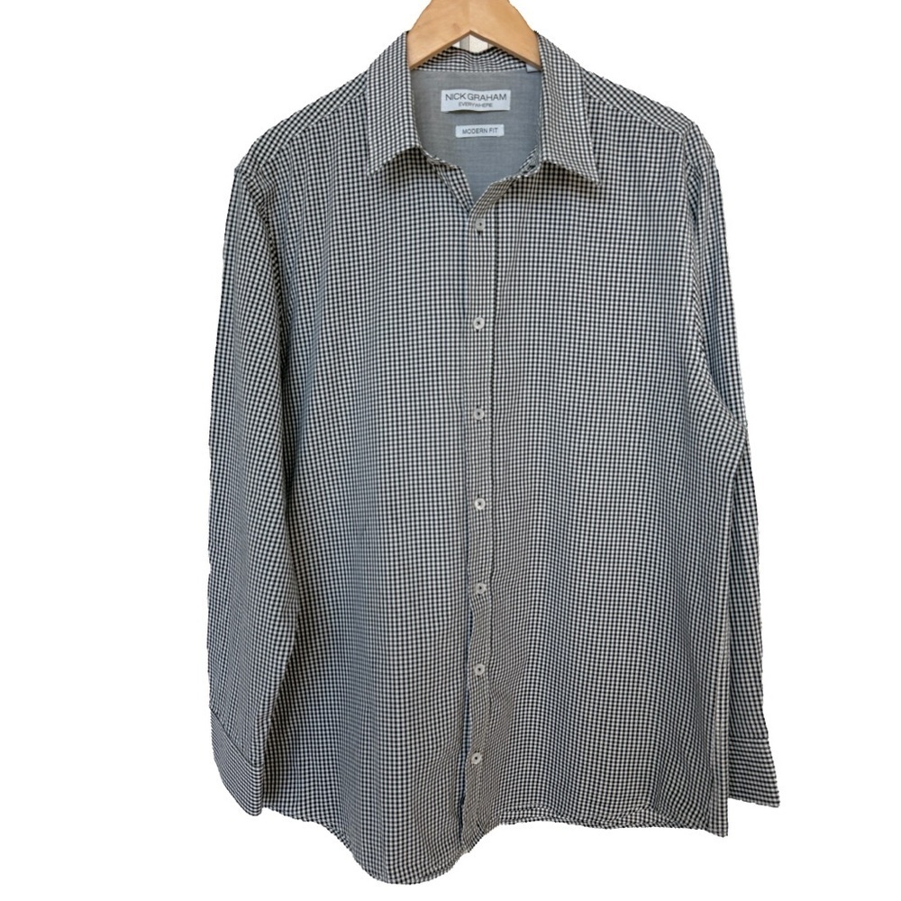 Nick Graham Men's 17/17.5 Black Check Modern Fit Long Sleeve Button-Up Shirt XL